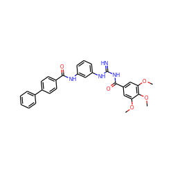 COc1cc(C(=O)NC(=N)Nc2cccc(NC(=O)c3ccc(-c4ccccc4)cc3)c2)cc(OC)c1OC ZINC000098175860