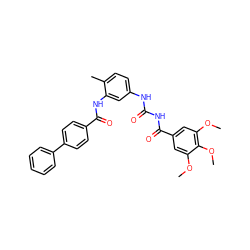 COc1cc(C(=O)NC(=O)Nc2ccc(C)c(NC(=O)c3ccc(-c4ccccc4)cc3)c2)cc(OC)c1OC ZINC000084758624