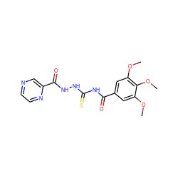 COc1cc(C(=O)NC(=S)NNC(=O)c2cnccn2)cc(OC)c1OC ZINC000002253755