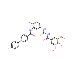 COc1cc(C(=O)NC(=S)Nc2ccc(C)c(NC(=O)c3ccc(-c4ccc(F)cc4)cc3)c2)cc(OC)c1OC ZINC000084654789