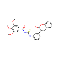 COc1cc(C(=O)NC(=S)Nc2cccc(-c3cc4ccccc4oc3=O)c2)cc(OC)c1OC ZINC000002978474