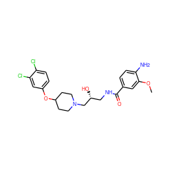 COc1cc(C(=O)NC[C@@H](O)CN2CCC(Oc3ccc(Cl)c(Cl)c3)CC2)ccc1N ZINC000095561855