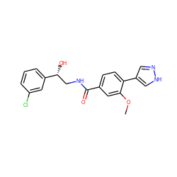 COc1cc(C(=O)NC[C@@H](O)c2cccc(Cl)c2)ccc1-c1cn[nH]c1 ZINC001772589174