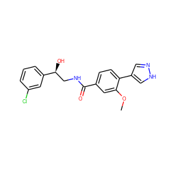 COc1cc(C(=O)NC[C@H](O)c2cccc(Cl)c2)ccc1-c1cn[nH]c1 ZINC001772589173