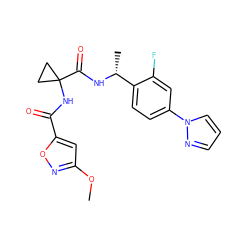 COc1cc(C(=O)NC2(C(=O)N[C@H](C)c3ccc(-n4cccn4)cc3F)CC2)on1 ZINC000072110956