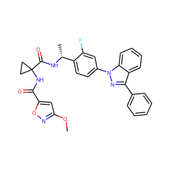 COc1cc(C(=O)NC2(C(=O)N[C@H](C)c3ccc(-n4nc(-c5ccccc5)c5ccccc54)cc3F)CC2)on1 ZINC000072110919