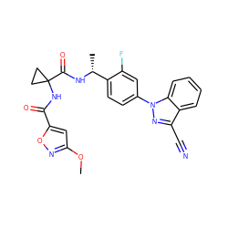 COc1cc(C(=O)NC2(C(=O)N[C@H](C)c3ccc(-n4nc(C#N)c5ccccc54)cc3F)CC2)on1 ZINC000072110955