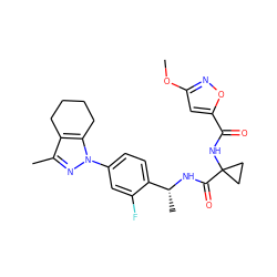 COc1cc(C(=O)NC2(C(=O)N[C@H](C)c3ccc(-n4nc(C)c5c4CCCC5)cc3F)CC2)on1 ZINC000072111263