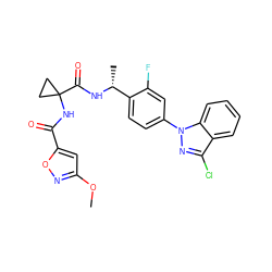 COc1cc(C(=O)NC2(C(=O)N[C@H](C)c3ccc(-n4nc(Cl)c5ccccc54)cc3F)CC2)on1 ZINC000068248204