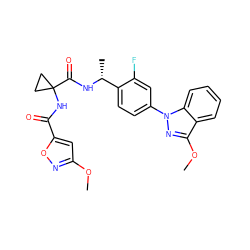 COc1cc(C(=O)NC2(C(=O)N[C@H](C)c3ccc(-n4nc(OC)c5ccccc54)cc3F)CC2)on1 ZINC000072111088