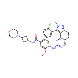 COc1cc(C(=O)NC2CC(N3CCOCC3)C2)ccc1Nc1ncc2c(n1)-c1c(nn(C)c1-c1ccccc1Cl)CC2 ZINC000169702404