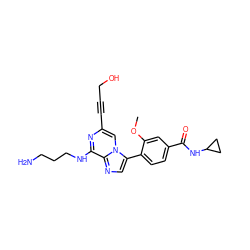 COc1cc(C(=O)NC2CC2)ccc1-c1cnc2c(NCCCN)nc(C#CCO)cn12 ZINC000199108300