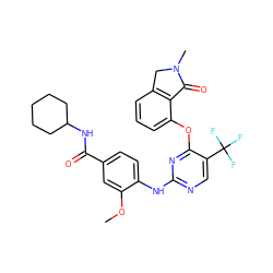 COc1cc(C(=O)NC2CCCCC2)ccc1Nc1ncc(C(F)(F)F)c(Oc2cccc3c2C(=O)N(C)C3)n1 ZINC000146070472