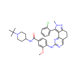 COc1cc(C(=O)NC2CCN(C(C)(C)C)CC2)ccc1Nc1ncc2c(n1)-c1c(nn(C)c1-c1ccccc1Cl)CC2 ZINC000143087638