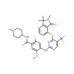 COc1cc(C(=O)NC2CCN(C)CC2)c(F)cc1Nc1ncc(C(F)(F)F)c(Oc2cccc3c2C(=O)N(C)C3(C)C)n1 ZINC000138486228