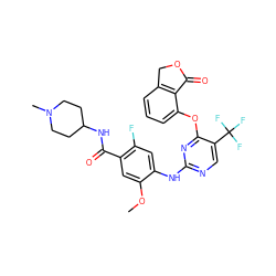 COc1cc(C(=O)NC2CCN(C)CC2)c(F)cc1Nc1ncc(C(F)(F)F)c(Oc2cccc3c2C(=O)OC3)n1 ZINC000145955460