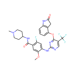 COc1cc(C(=O)NC2CCN(C)CC2)c(F)cc1Nc1ncc(C(F)(F)F)c(Oc2cccc3c2CC(=O)N3)n1 ZINC000148456712