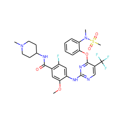 COc1cc(C(=O)NC2CCN(C)CC2)c(F)cc1Nc1ncc(C(F)(F)F)c(Oc2ccccc2N(C)S(C)(=O)=O)n1 ZINC000138528350