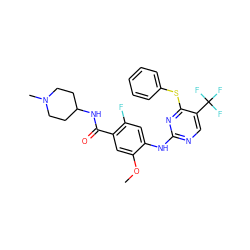 COc1cc(C(=O)NC2CCN(C)CC2)c(F)cc1Nc1ncc(C(F)(F)F)c(Sc2ccccc2)n1 ZINC000148457340