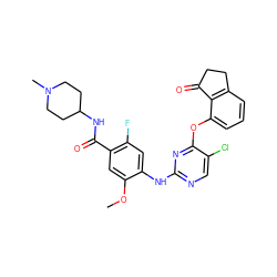 COc1cc(C(=O)NC2CCN(C)CC2)c(F)cc1Nc1ncc(Cl)c(Oc2cccc3c2C(=O)CC3)n1 ZINC000146029335