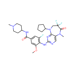 COc1cc(C(=O)NC2CCN(C)CC2)cc(F)c1Nc1ncc2c(n1)N(C1CCCC1)CC(F)(F)C(=O)N2C ZINC000096271648