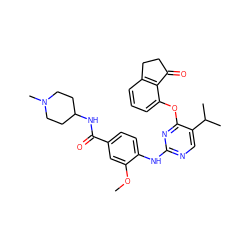 COc1cc(C(=O)NC2CCN(C)CC2)ccc1Nc1ncc(C(C)C)c(Oc2cccc3c2C(=O)CC3)n1 ZINC000145989780