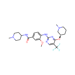 COc1cc(C(=O)NC2CCN(C)CC2)ccc1Nc1ncc(C(F)(F)F)c(O[C@@H]2CCCN(C)C2)n1 ZINC000148460561