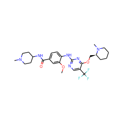 COc1cc(C(=O)NC2CCN(C)CC2)ccc1Nc1ncc(C(F)(F)F)c(OC[C@@H]2CCCCN2C)n1 ZINC000148459990