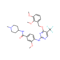 COc1cc(C(=O)NC2CCN(C)CC2)ccc1Nc1ncc(C(F)(F)F)c(OCc2cccc(OC)c2OC)n1 ZINC000148461132