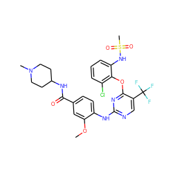 COc1cc(C(=O)NC2CCN(C)CC2)ccc1Nc1ncc(C(F)(F)F)c(Oc2c(Cl)cccc2NS(C)(=O)=O)n1 ZINC000169703986