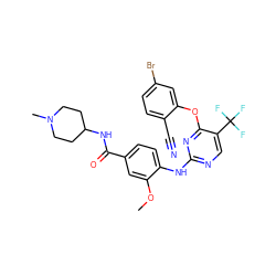 COc1cc(C(=O)NC2CCN(C)CC2)ccc1Nc1ncc(C(F)(F)F)c(Oc2cc(Br)ccc2C#N)n1 ZINC000148453021