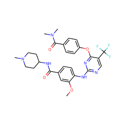 COc1cc(C(=O)NC2CCN(C)CC2)ccc1Nc1ncc(C(F)(F)F)c(Oc2ccc(C(=O)N(C)C)cc2)n1 ZINC000148452160