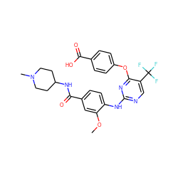 COc1cc(C(=O)NC2CCN(C)CC2)ccc1Nc1ncc(C(F)(F)F)c(Oc2ccc(C(=O)O)cc2)n1 ZINC000148439825