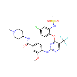 COc1cc(C(=O)NC2CCN(C)CC2)ccc1Nc1ncc(C(F)(F)F)c(Oc2ccc(Cl)cc2NS(C)(=O)=O)n1 ZINC000169703987