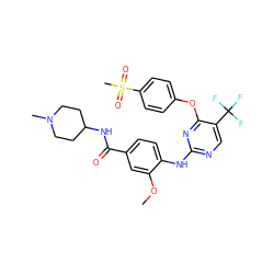 COc1cc(C(=O)NC2CCN(C)CC2)ccc1Nc1ncc(C(F)(F)F)c(Oc2ccc(S(C)(=O)=O)cc2)n1 ZINC000148443549