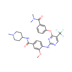 COc1cc(C(=O)NC2CCN(C)CC2)ccc1Nc1ncc(C(F)(F)F)c(Oc2cccc(C(=O)N(C)C)c2)n1 ZINC000148449356