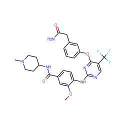 COc1cc(C(=O)NC2CCN(C)CC2)ccc1Nc1ncc(C(F)(F)F)c(Oc2cccc(CC(N)=O)c2)n1 ZINC000138498156