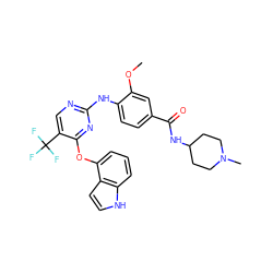 COc1cc(C(=O)NC2CCN(C)CC2)ccc1Nc1ncc(C(F)(F)F)c(Oc2cccc3[nH]ccc23)n1 ZINC000148445454