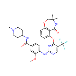 COc1cc(C(=O)NC2CCN(C)CC2)ccc1Nc1ncc(C(F)(F)F)c(Oc2cccc3c2C(=O)NC(C)(C)CO3)n1 ZINC000146333740