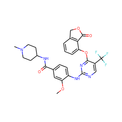 COc1cc(C(=O)NC2CCN(C)CC2)ccc1Nc1ncc(C(F)(F)F)c(Oc2cccc3c2C(=O)OC3)n1 ZINC000138434236