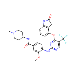 COc1cc(C(=O)NC2CCN(C)CC2)ccc1Nc1ncc(C(F)(F)F)c(Oc2cccc3c2CC(=O)N3)n1 ZINC000148456284