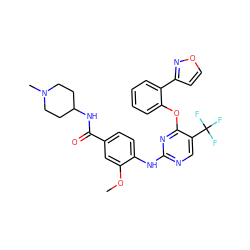 COc1cc(C(=O)NC2CCN(C)CC2)ccc1Nc1ncc(C(F)(F)F)c(Oc2ccccc2-c2ccon2)n1 ZINC000138517802