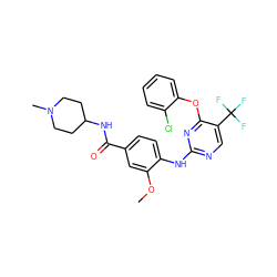 COc1cc(C(=O)NC2CCN(C)CC2)ccc1Nc1ncc(C(F)(F)F)c(Oc2ccccc2Cl)n1 ZINC000148441555