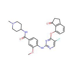 COc1cc(C(=O)NC2CCN(C)CC2)ccc1Nc1ncc(F)c(Oc2cccc3c2C(=O)CC3)n1 ZINC000145984095