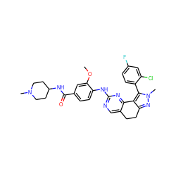 COc1cc(C(=O)NC2CCN(C)CC2)ccc1Nc1ncc2c(n1)-c1c(nn(C)c1-c1ccc(F)cc1Cl)CC2 ZINC000169702250