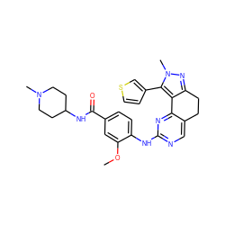 COc1cc(C(=O)NC2CCN(C)CC2)ccc1Nc1ncc2c(n1)-c1c(nn(C)c1-c1ccsc1)CC2 ZINC000169702483