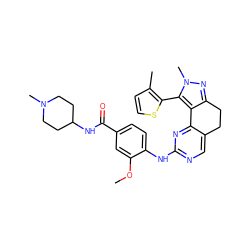 COc1cc(C(=O)NC2CCN(C)CC2)ccc1Nc1ncc2c(n1)-c1c(nn(C)c1-c1sccc1C)CC2 ZINC000169702476