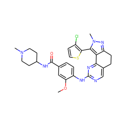 COc1cc(C(=O)NC2CCN(C)CC2)ccc1Nc1ncc2c(n1)-c1c(nn(C)c1-c1sccc1Cl)CC2 ZINC000169702472