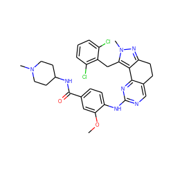 COc1cc(C(=O)NC2CCN(C)CC2)ccc1Nc1ncc2c(n1)-c1c(nn(C)c1Cc1c(Cl)cccc1Cl)CC2 ZINC000143099636