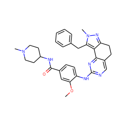 COc1cc(C(=O)NC2CCN(C)CC2)ccc1Nc1ncc2c(n1)-c1c(nn(C)c1Cc1ccccc1)CC2 ZINC000143032355